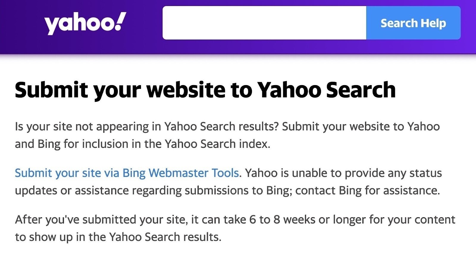 "Submit your website to Yahoo Search" page redirects you to the Bing Webmaster Tools.