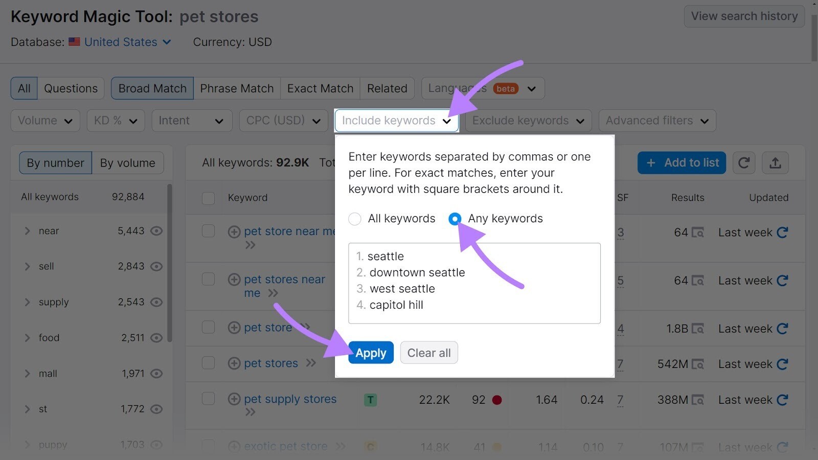 applying the “Include Keywords” filter in Keyword Magic Tool results