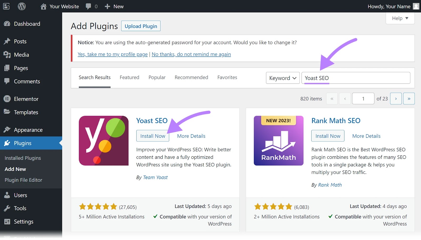 "Yoast SEO" widget selected under "Add Plugins" screen in WordPress