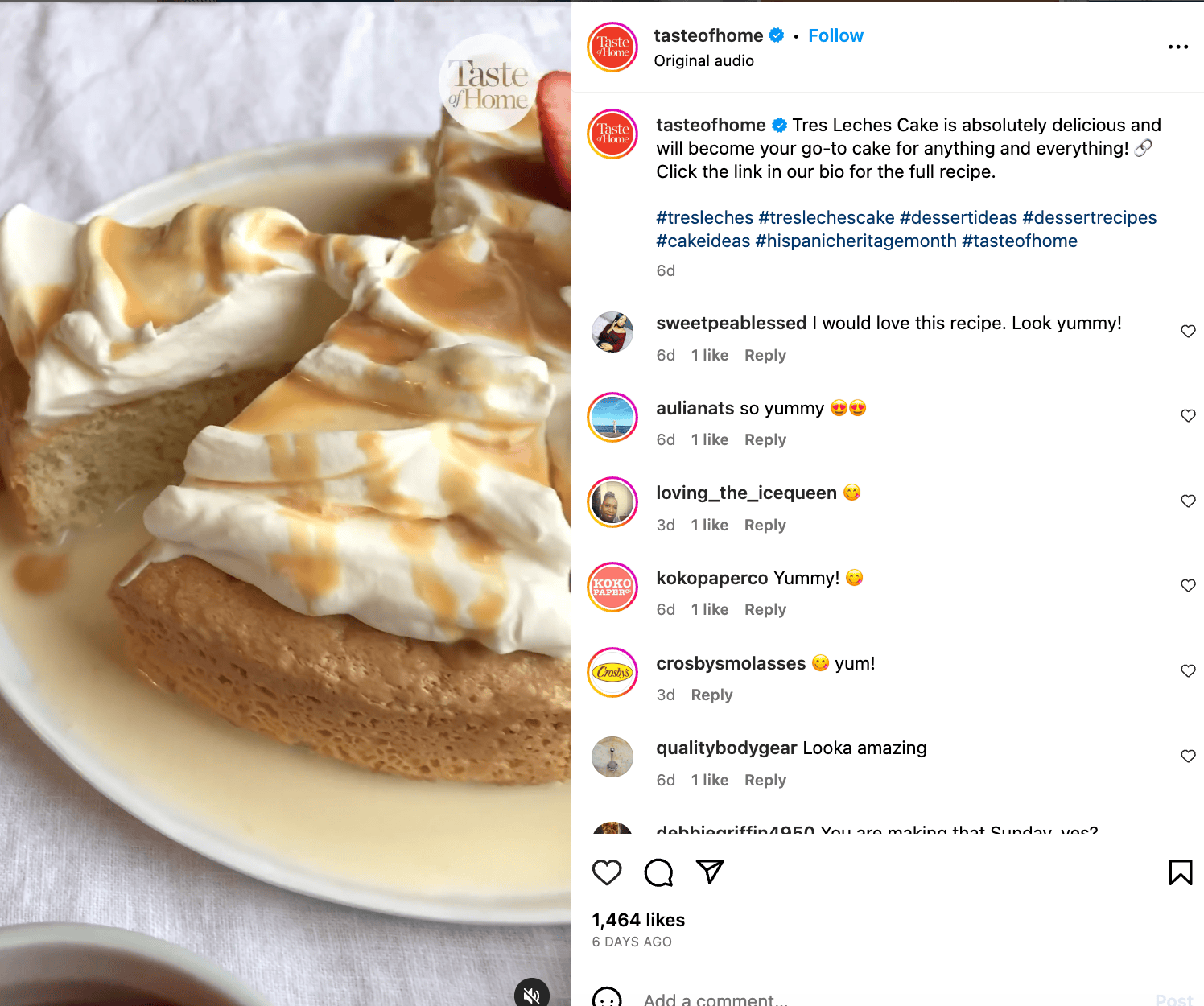 Tasteofhome's Instagram post for the Tres Leches Cake recipe