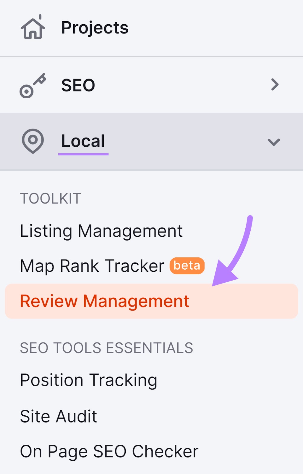 Navigating to “Review Management” successful  Semrush menu