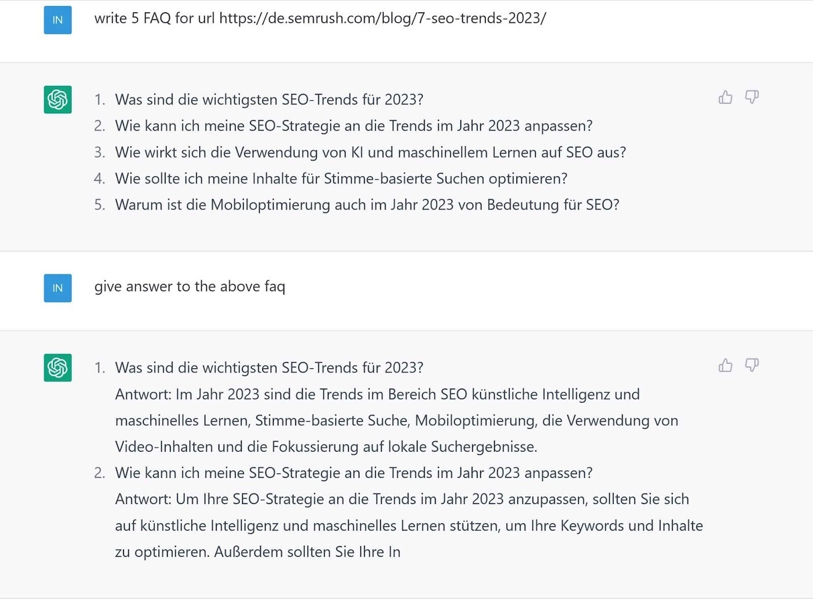 ChatGPT liefert auf Anforderung FAQ – hier erst die Fragen, dann die Antworten