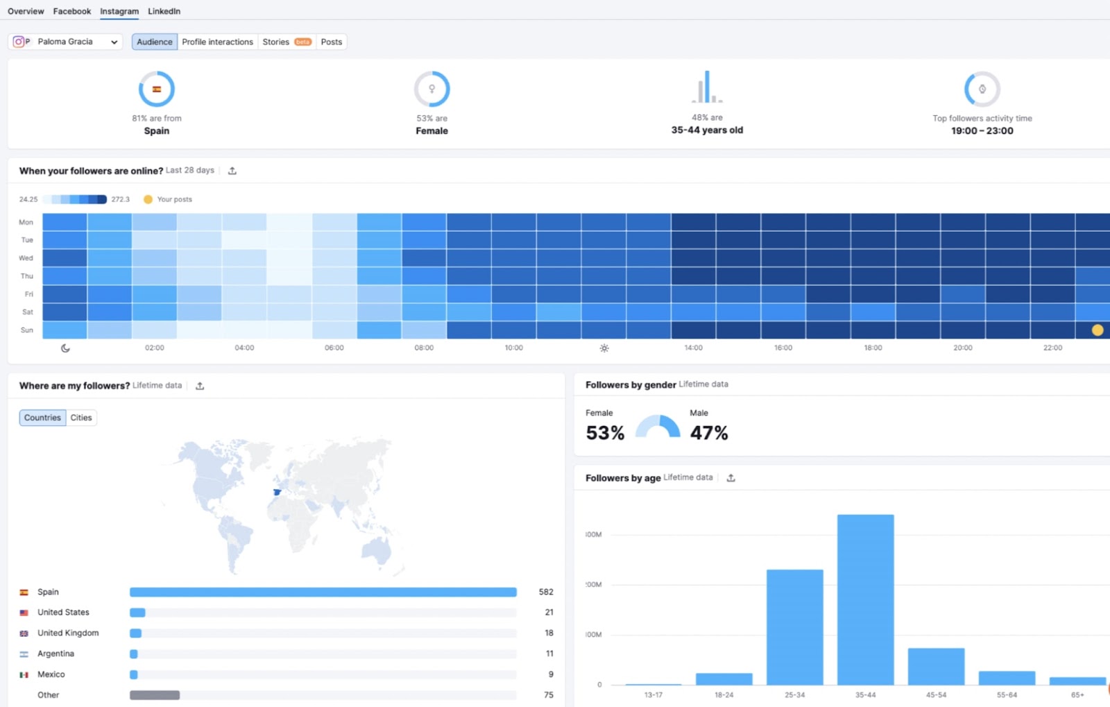 Instagram analytics dashboard shown in Social Analytics tool