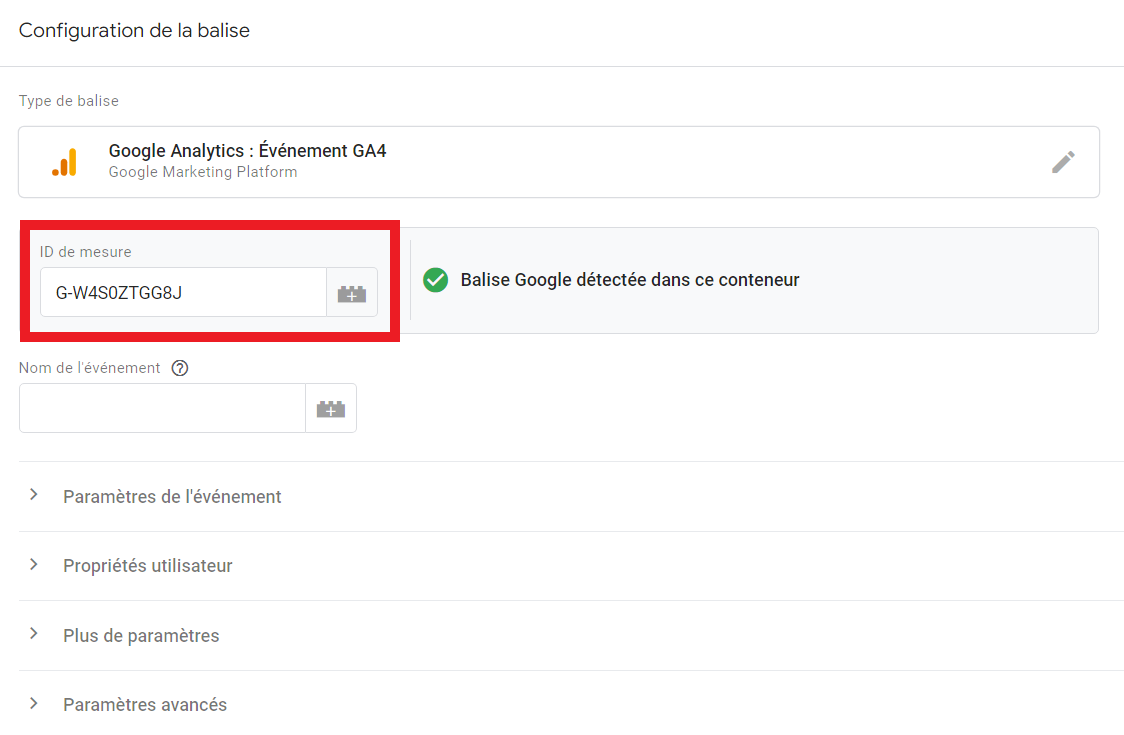 ID de mesure de la balise dans Google Tag Manager