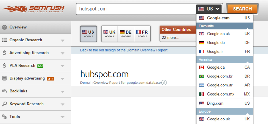 SEMrush Country Select