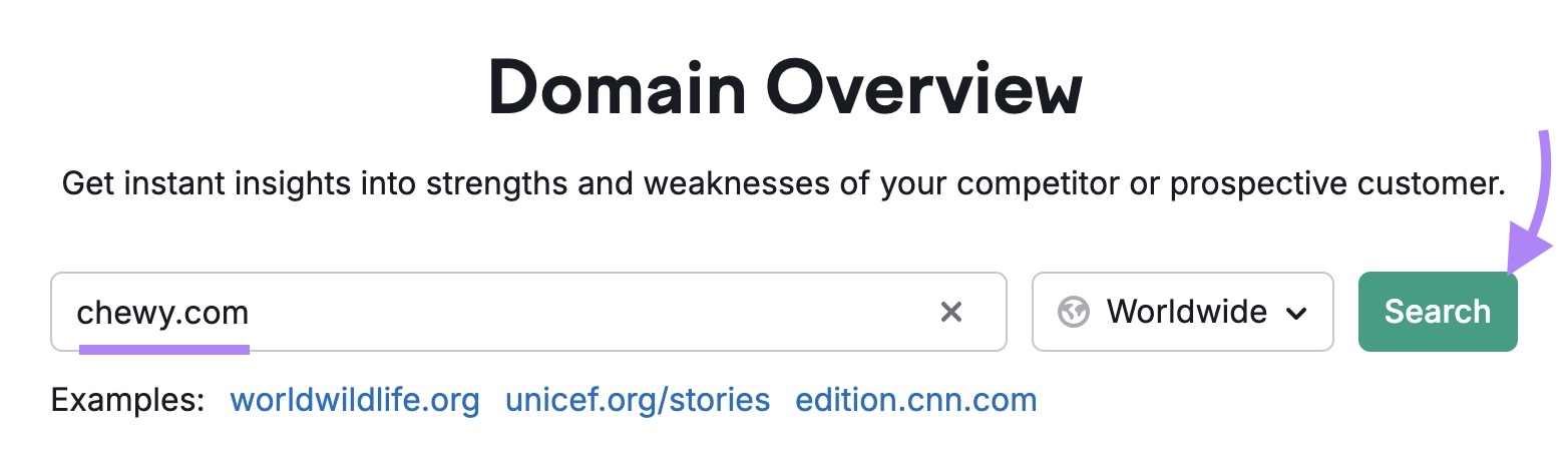 Domain Overview tool start with "chewy.com" entered as the domain and "Search" clicked.