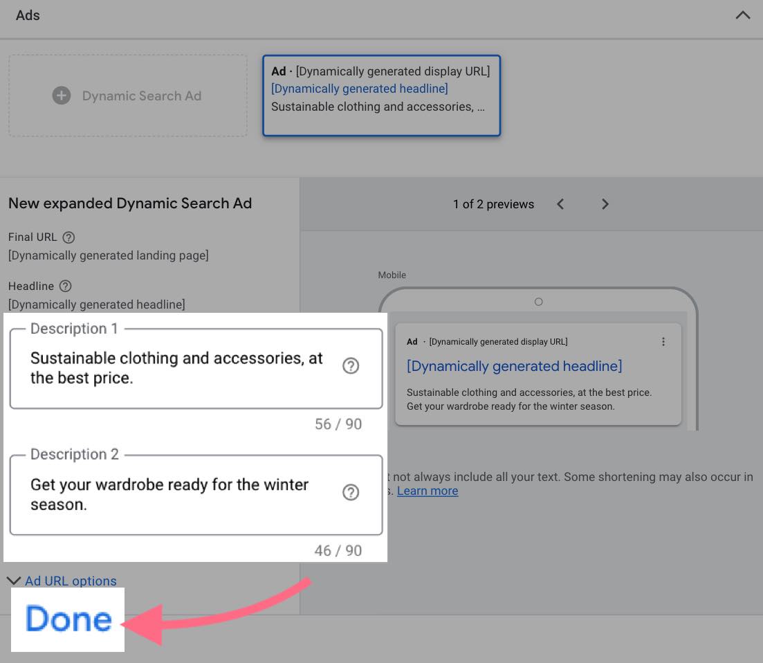 Customize your ad copy and press "Done"