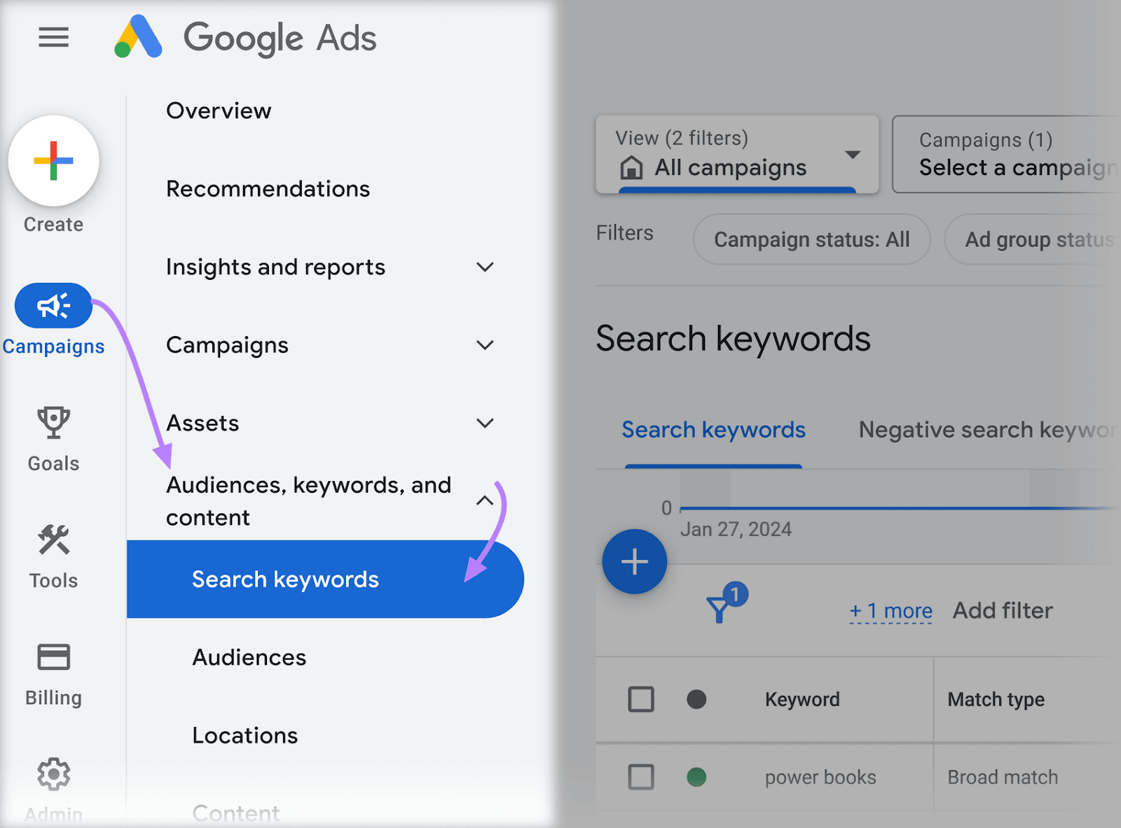 Navigating to "Audiences, keywords, and content" in Google Ads