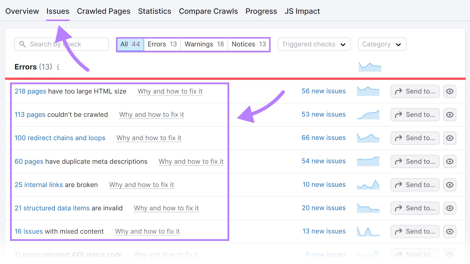 "Errors" section under "Issues" tab in Site Audit