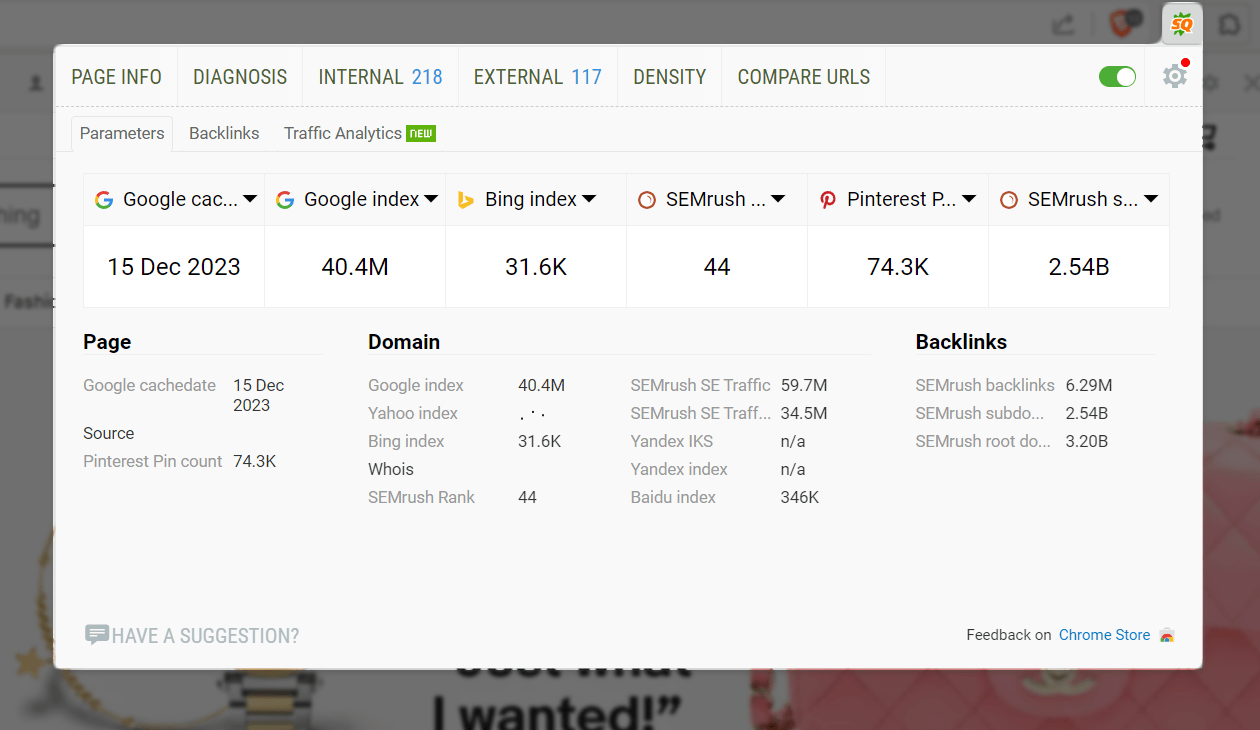 SEOQuake dashboard