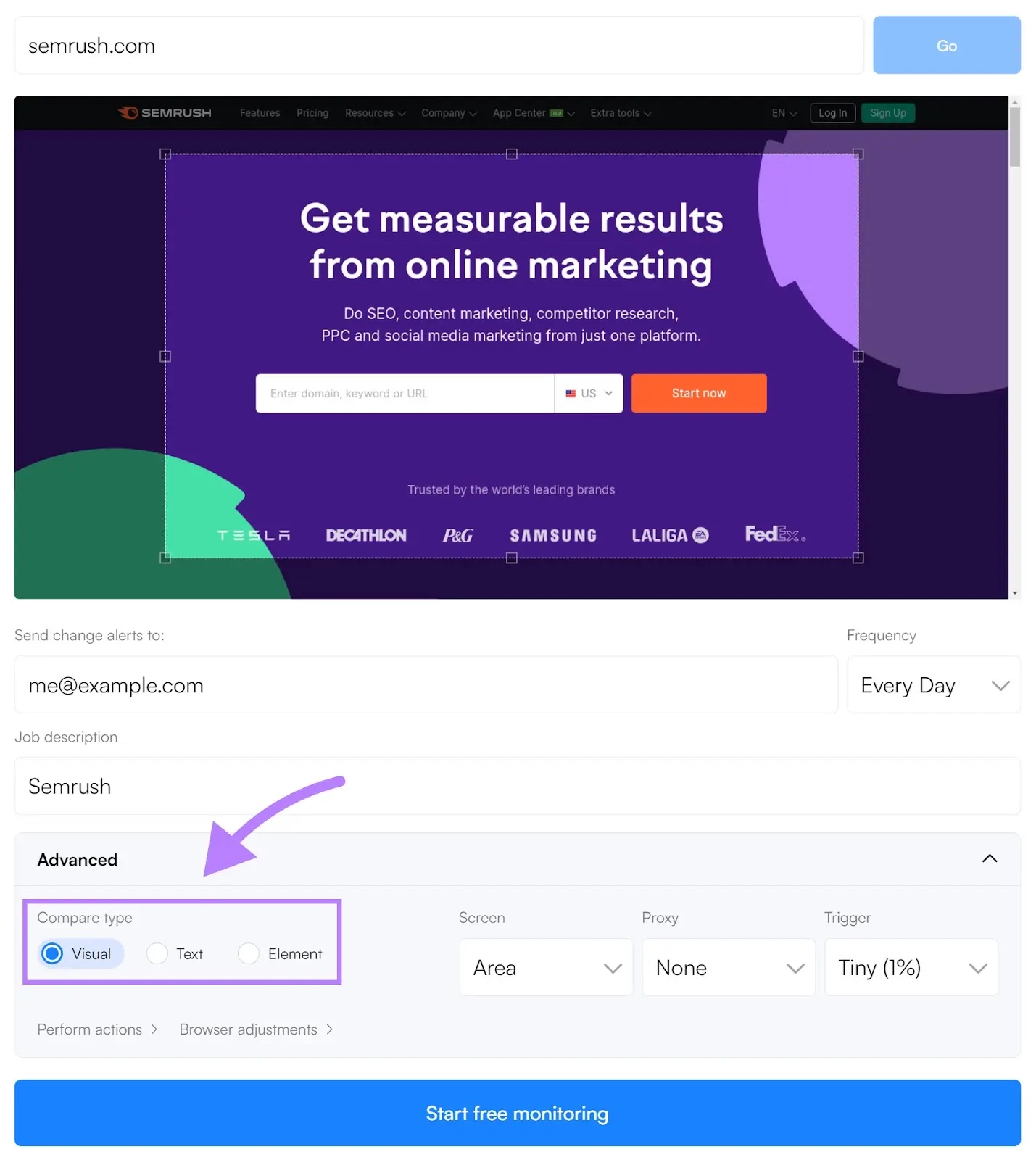 Visualping location  with a domain entered and "Visual" selected to presumption    changes successful  a site's design, copy, etc.