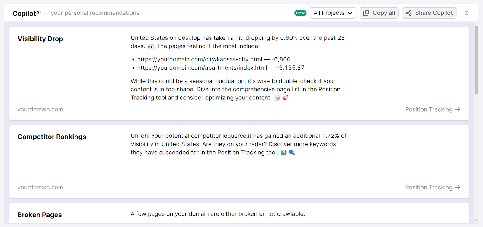 Semrush Copilot suggestions showing Visibility drop, rival  rankings, and Broken pages