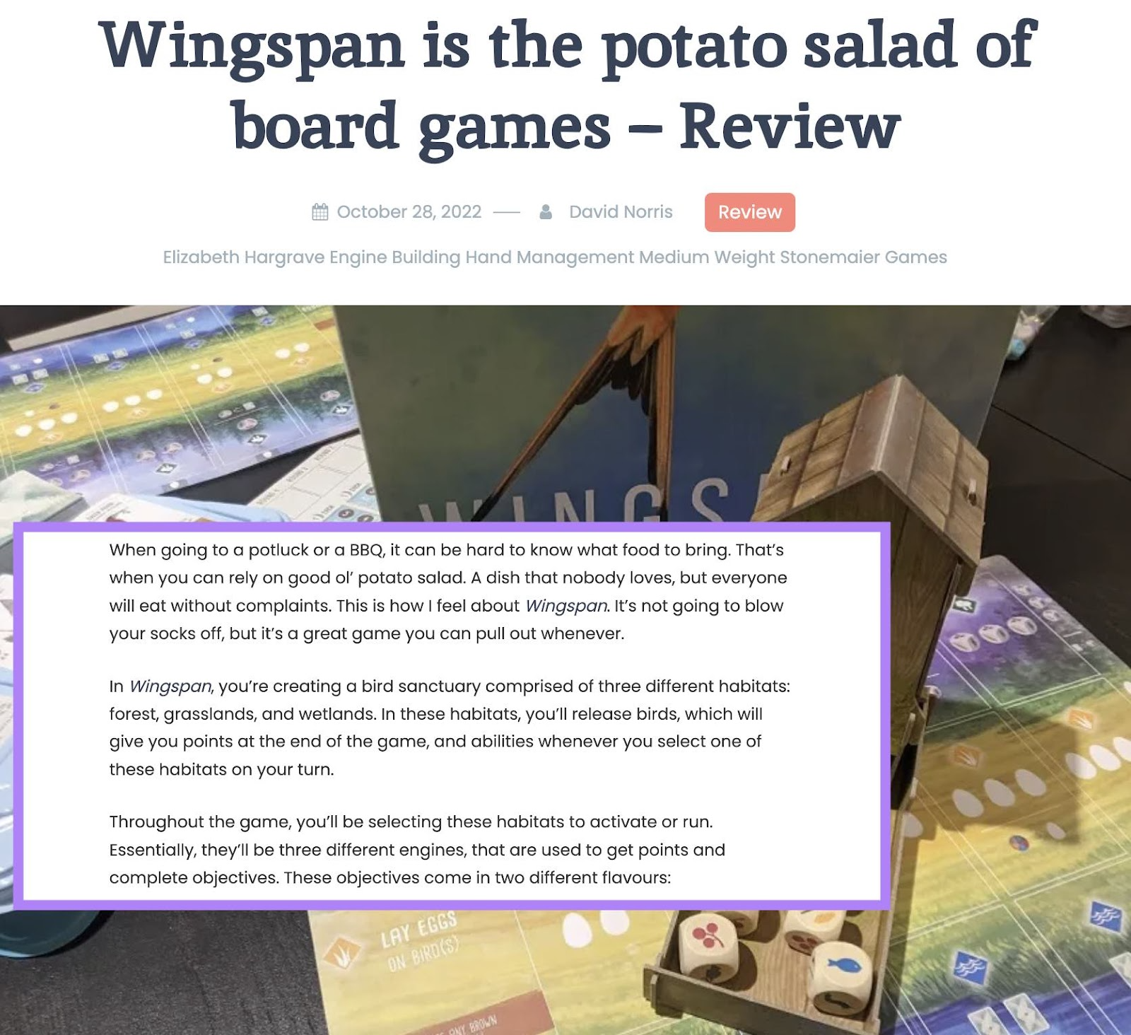 Screenshot of the review for the board game Wingspan