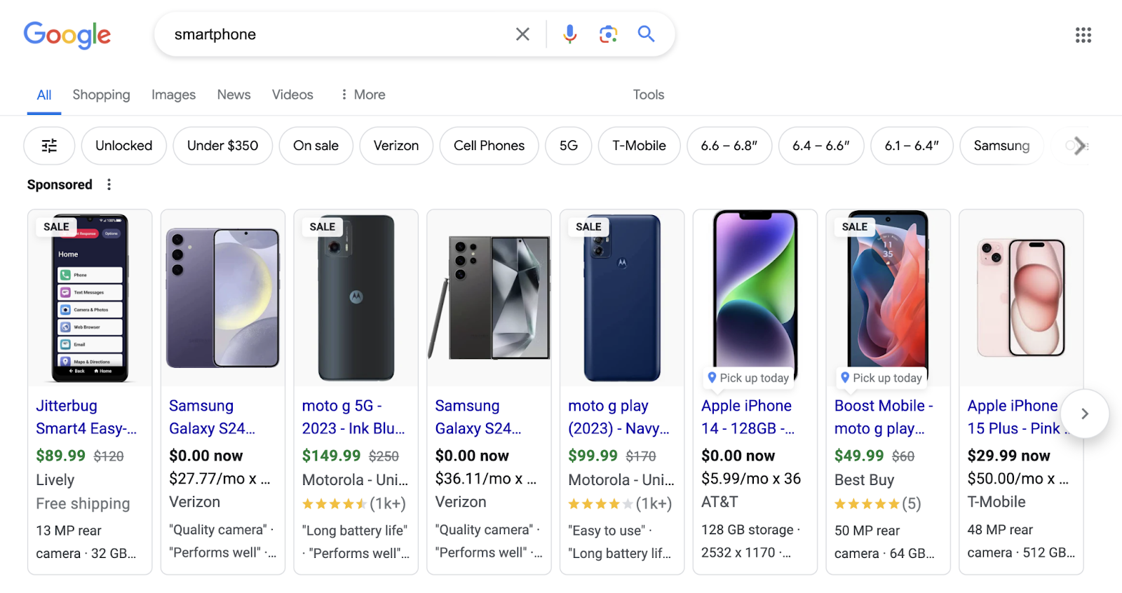 shopping ads for smartphone appear at the top of the serp showing different models from different retailers