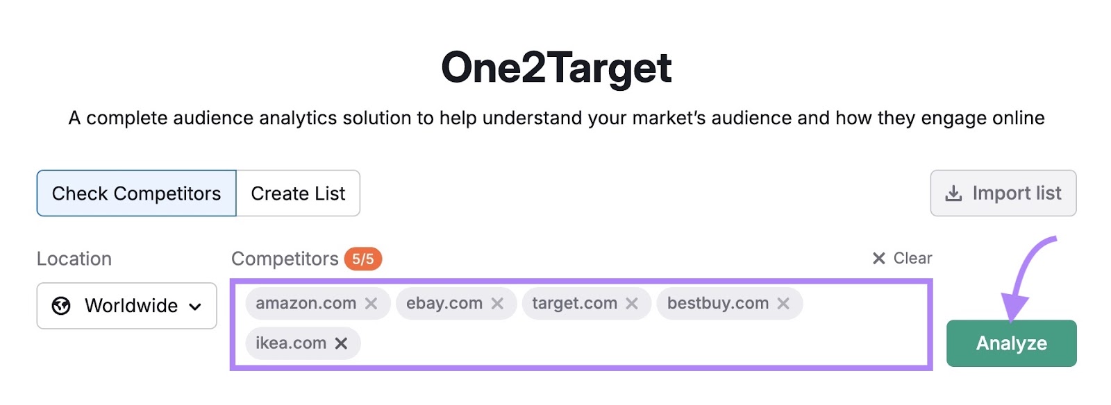 One2Target instrumentality   commencement  with 5  competing domains entered and the "Analyze" fastener  clicked.