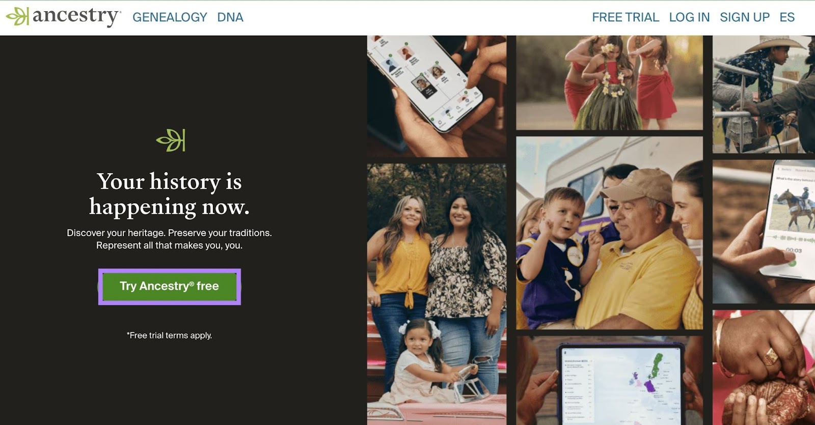 Family photo collage alongside highlighted Ancestry DNA test CTA