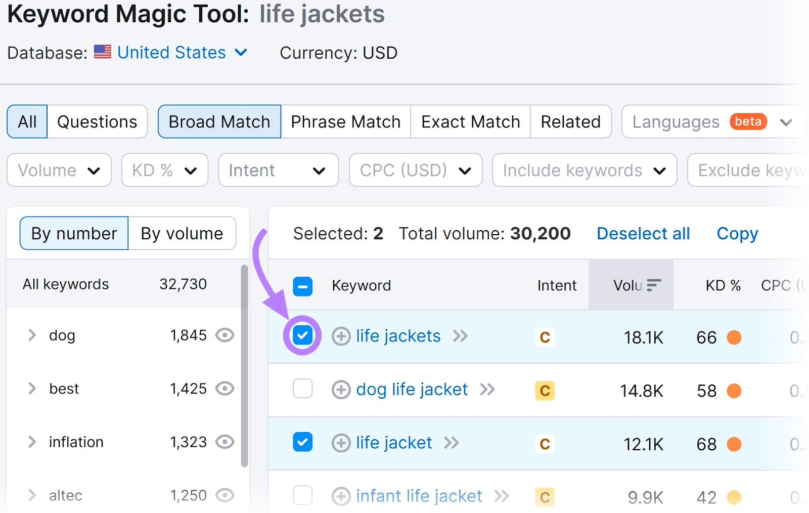 Keyword Magic Tool results for "life jackets"