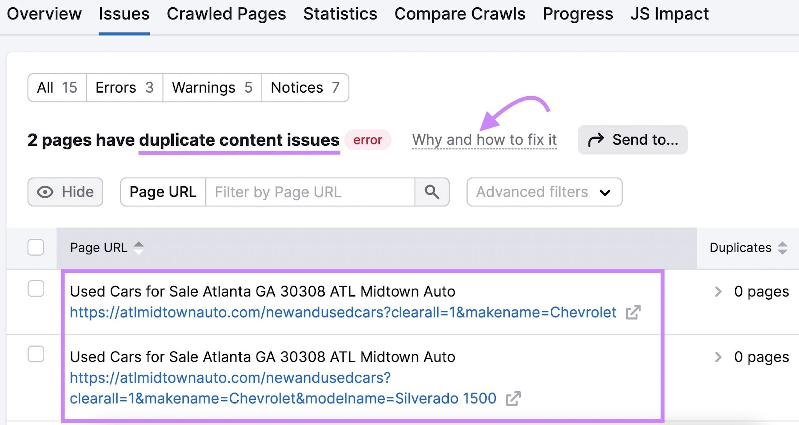 "Issues" tab in Site Audit showing 2 pages that have duplicate content issues