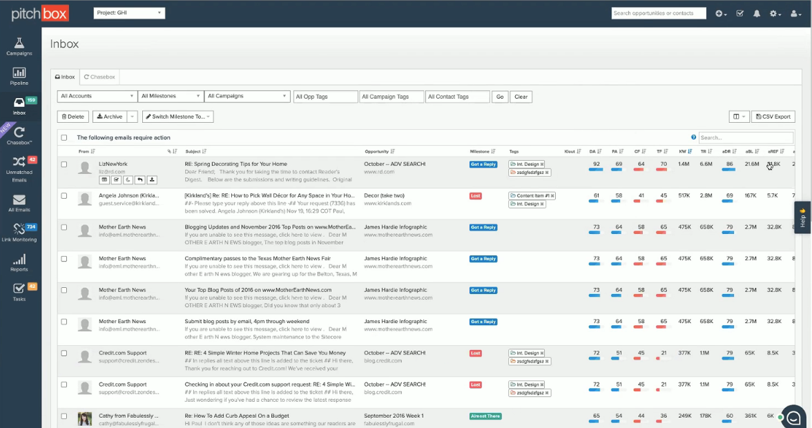 une capture d'écran d'une boîte de réception dans Pitchbox