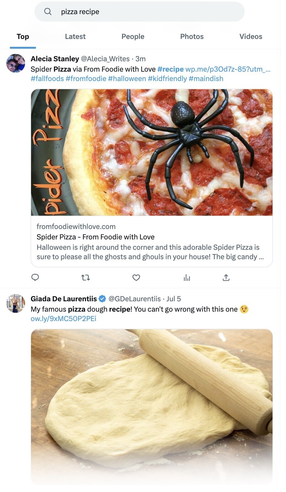 example of results for “pizza recipe” on Twitter