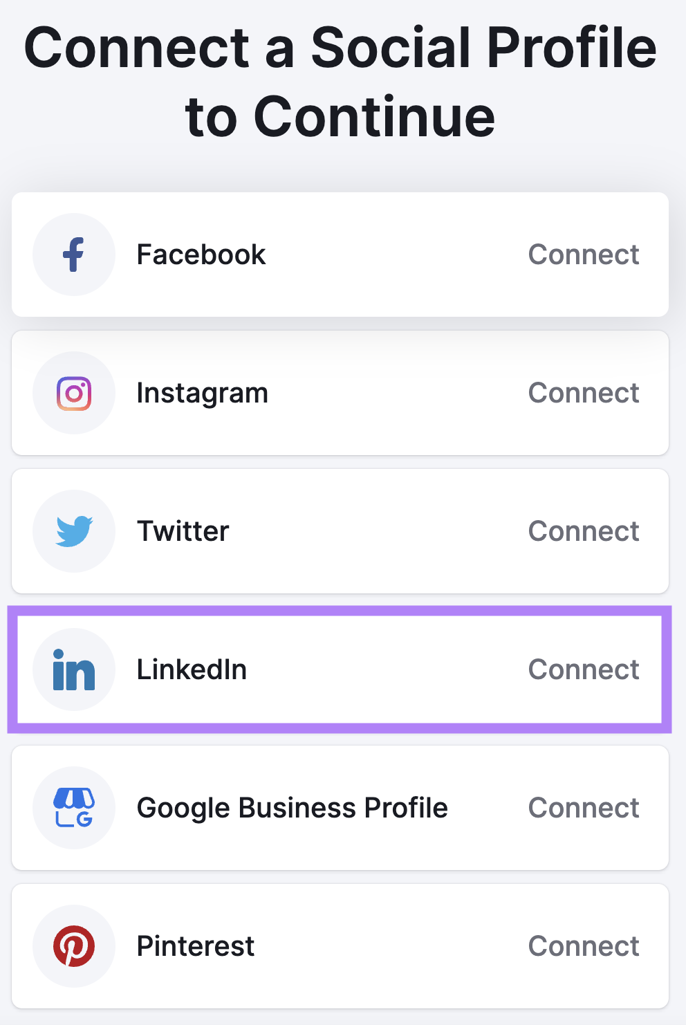 A list of social media connections to choose from with LinkedIn selected