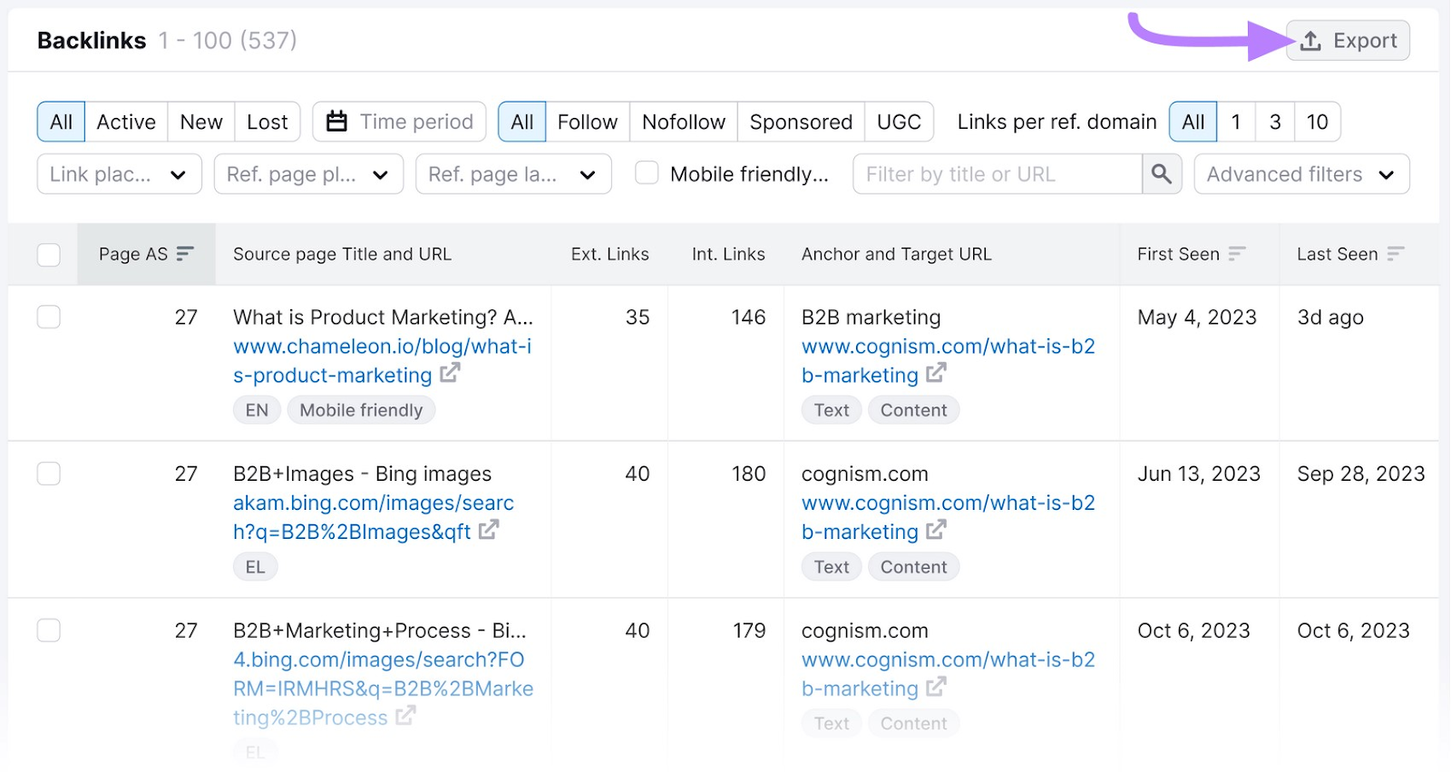 The "Export" button highlighted on the top-right corner of the Backlink Analytics report.