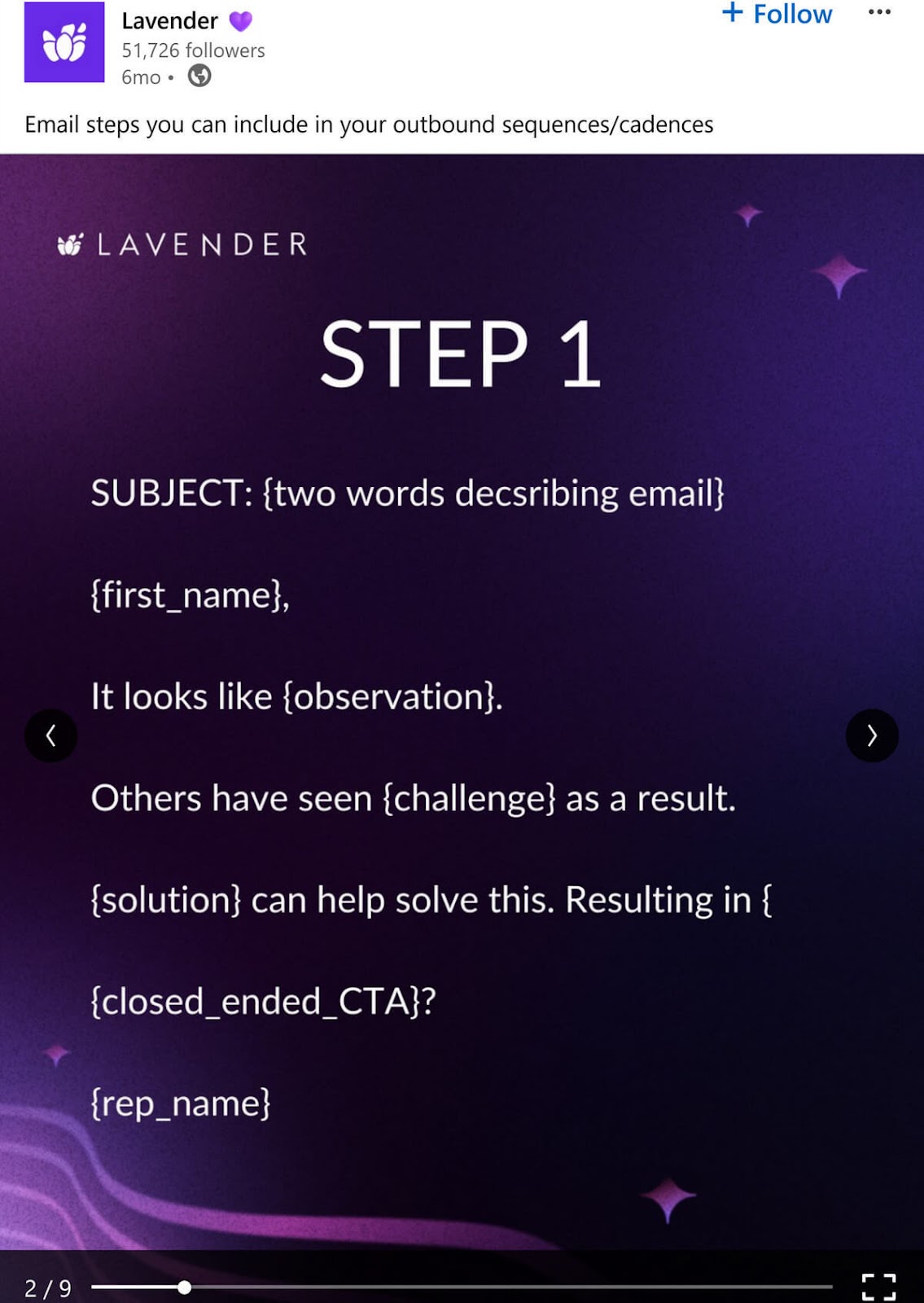 Lavender LinkedIn post showing an email template, all set against a dark purple background.