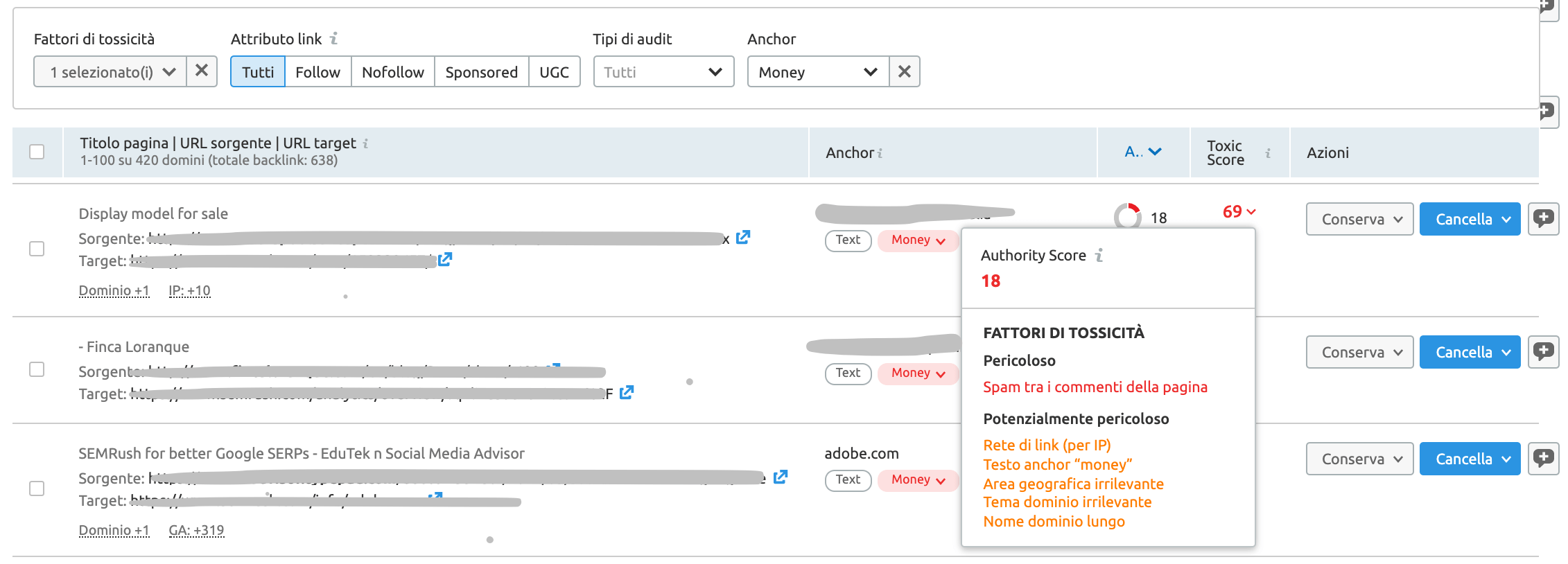 analisi del profilo backlink di un sito web con Backlink audit di semrush