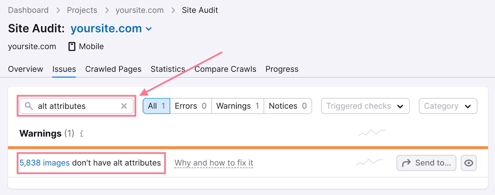 Missing alt attributes error highlighted in the "Issues" tab of the Site Audit tool