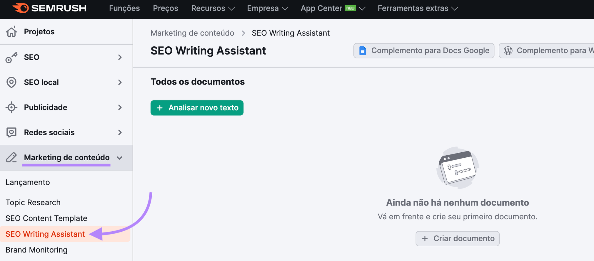 navegue pela ferramenta “Semrush Writing Assistant” no menu esquerdo