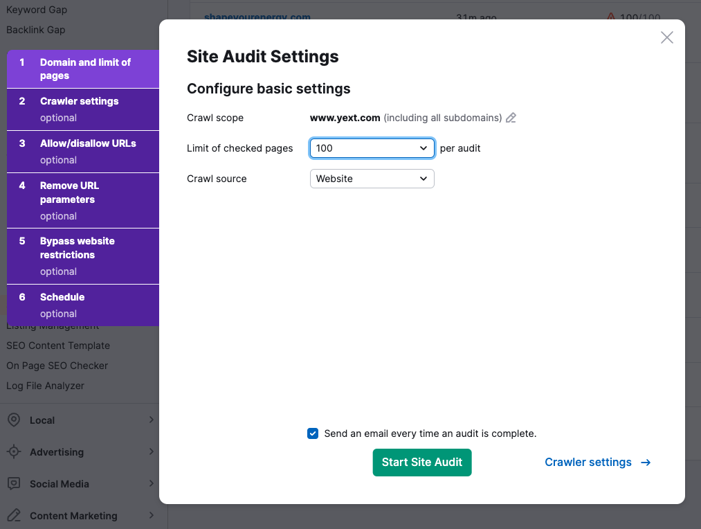 Semrush Site Audit settings page