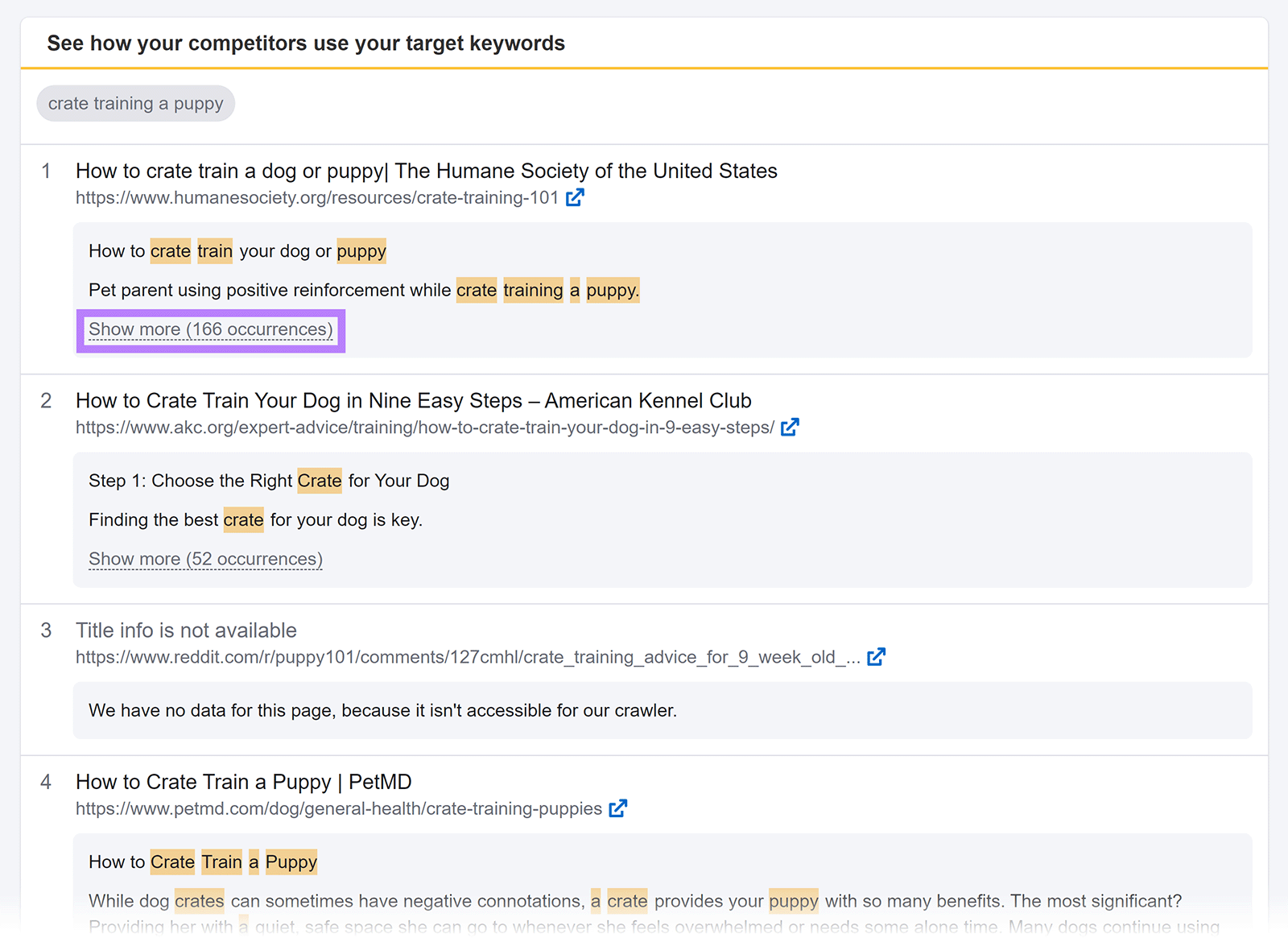Show more highlighted in See how your competitors use your target keywords section