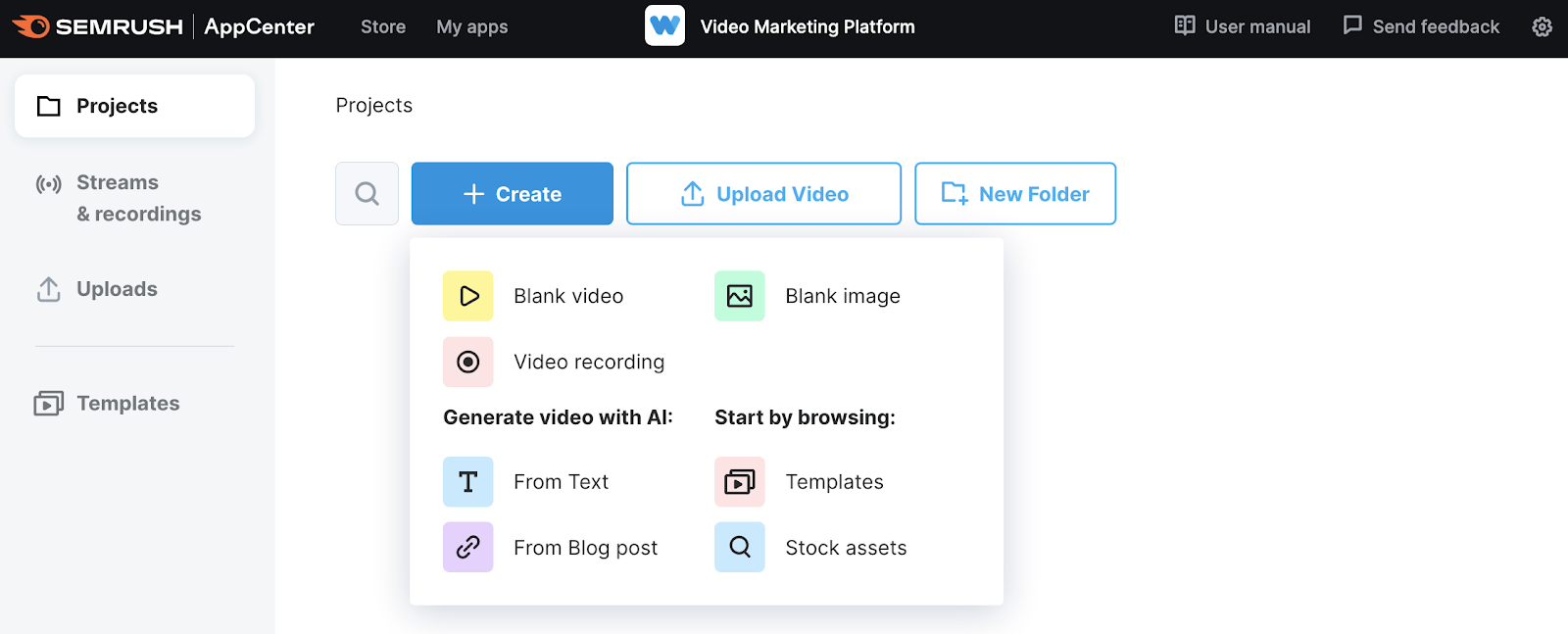 Semrush Video Marketing Platform tool interface showing options for creating, uploading videos, and navigation menus