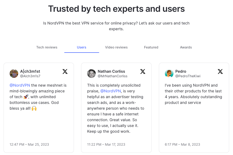 Landing page's testimonials section