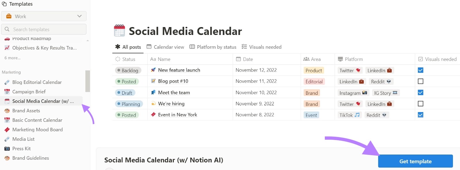 "Social Media Calendar" selected from the left-side menu on Notion and "Get template" clicked.