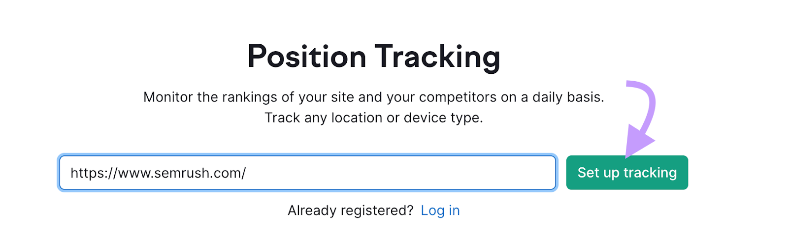 "https://www.semrush.com/" domain entered into the Position Tracking tool search bar