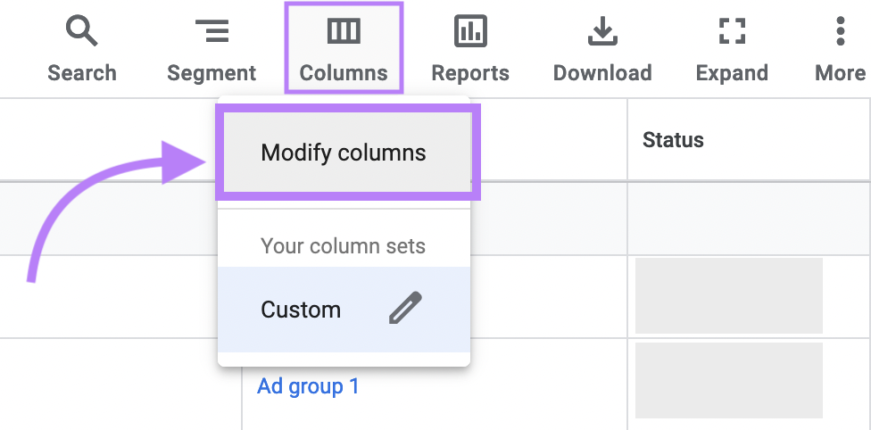 “Modify columns” selected from the "Columns" menu