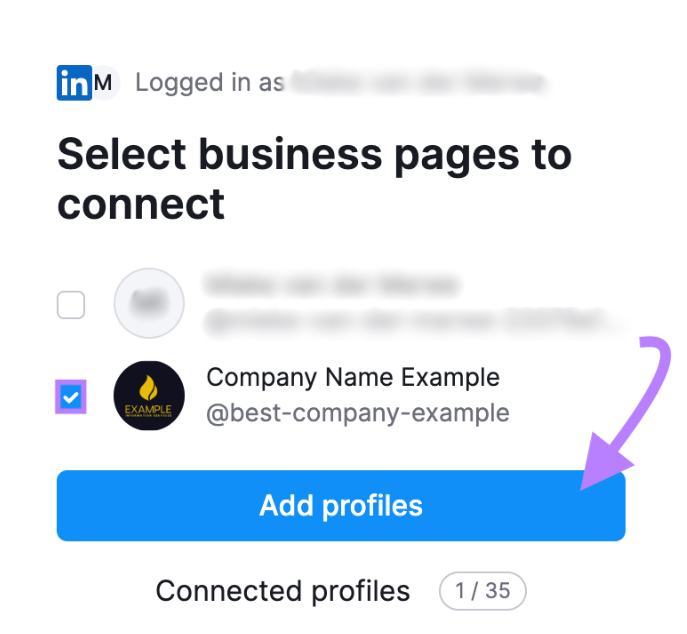 Company Name Example business page selected to connect LinkedIn to Semrush social