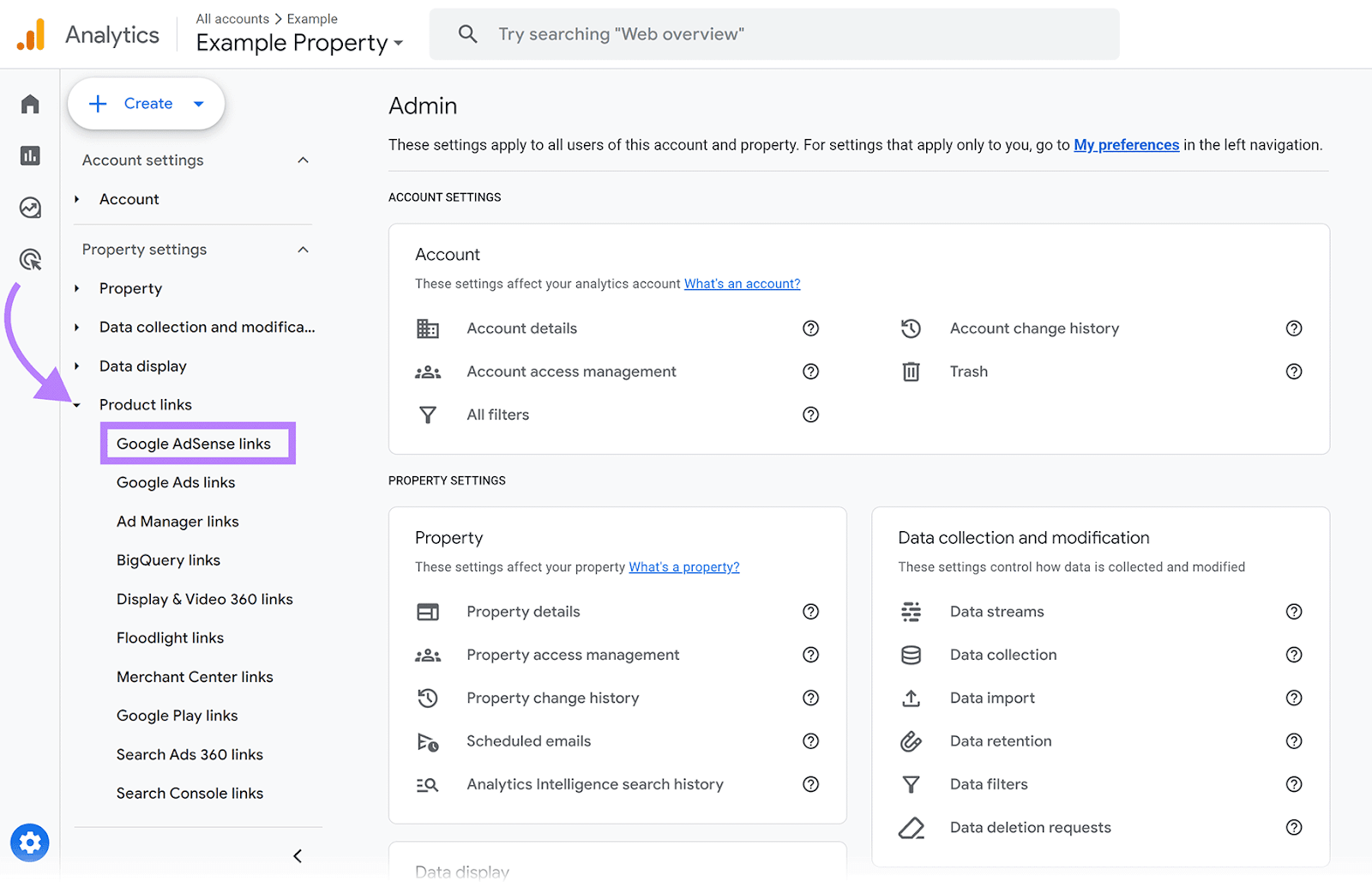 Google Analytics Admin Settings sidebar with Google AdSense links enactment    highlighted