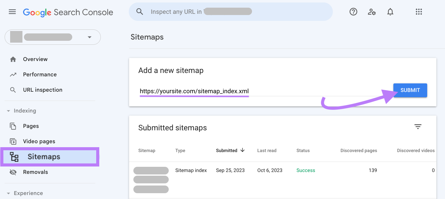 “Sitemaps” tab in Google Search Console