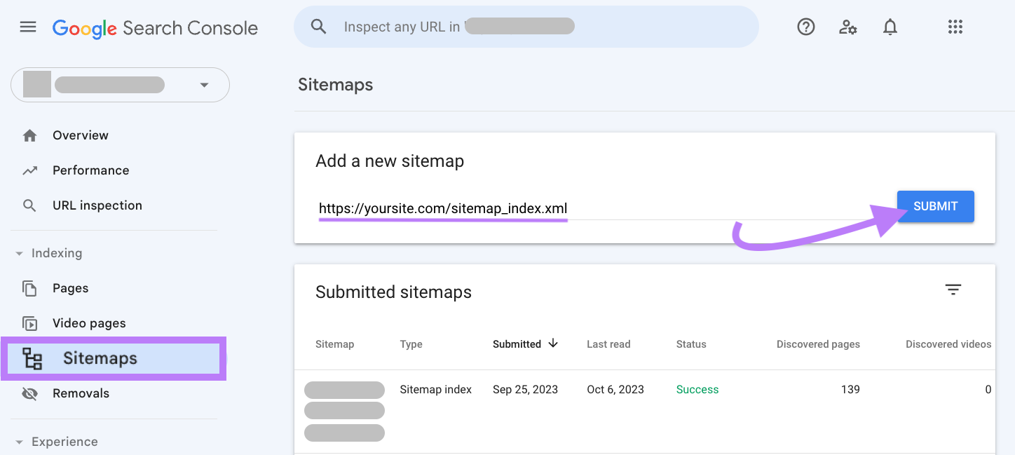 Pestaña "Sitemaps" en Google Search Console