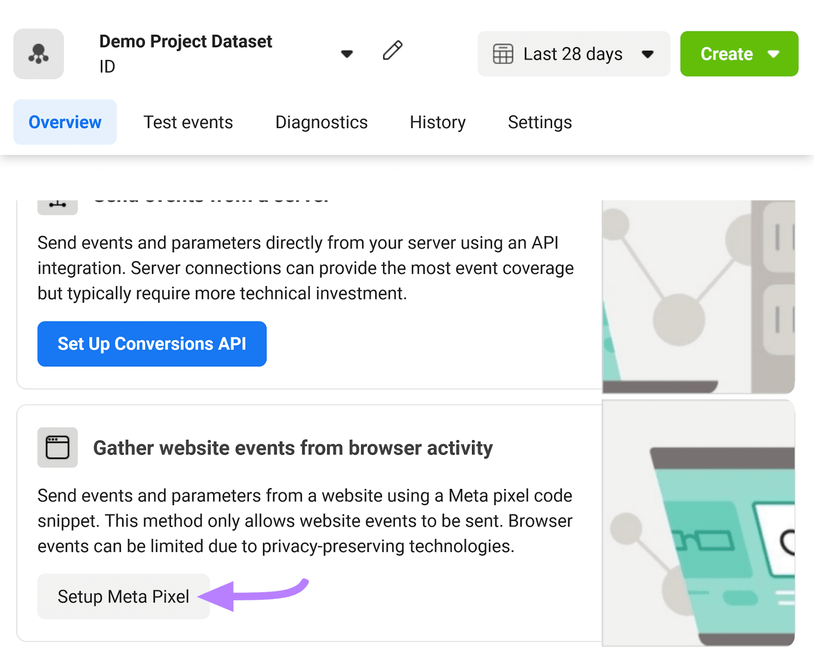 “Setup Meta Pixel” button highlighted under “Gather website events from browser activity” module