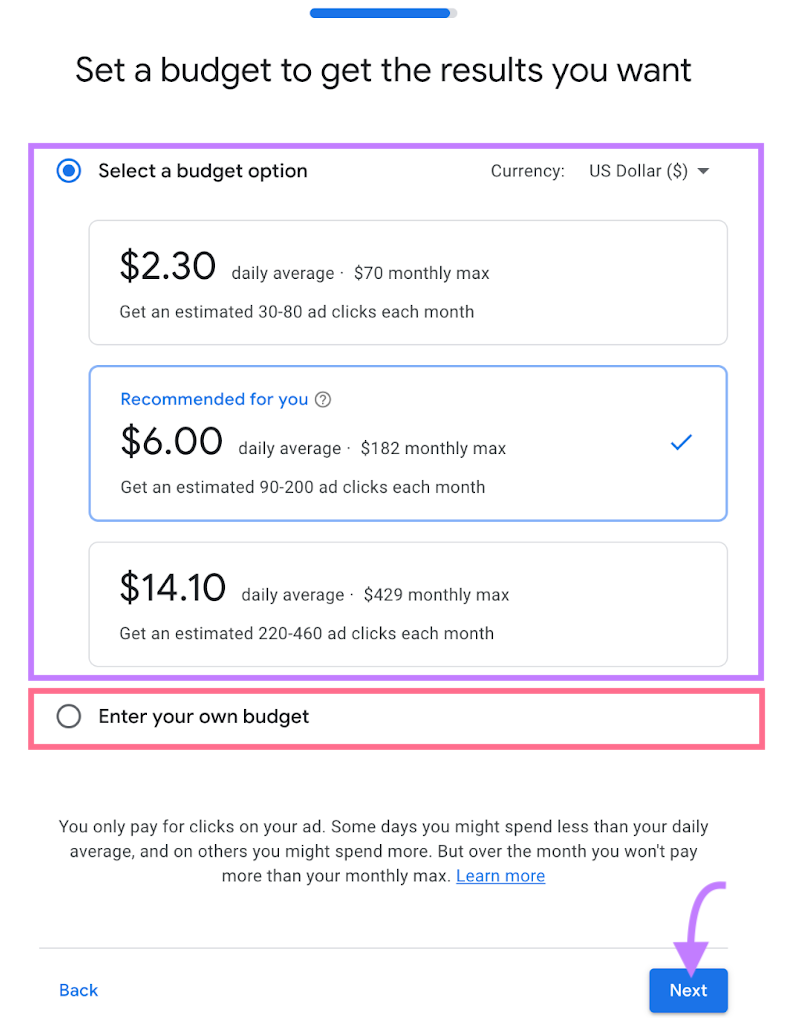 "Set a budget to get the results you want" screen