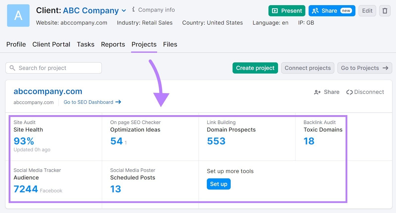 Semrush CRM "Projects" dashboard