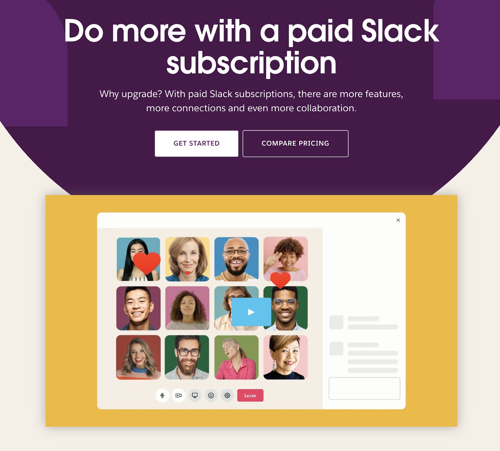 Pricing landing leafage   with a video by Slack communicating the main   merchandise  benefits.