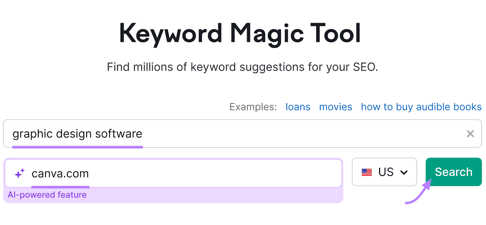 Semrush Keyword Magic Tool interface with hunt  input "graphic plan  software," website URL "canva.com," and "Search" fastener  highlighted