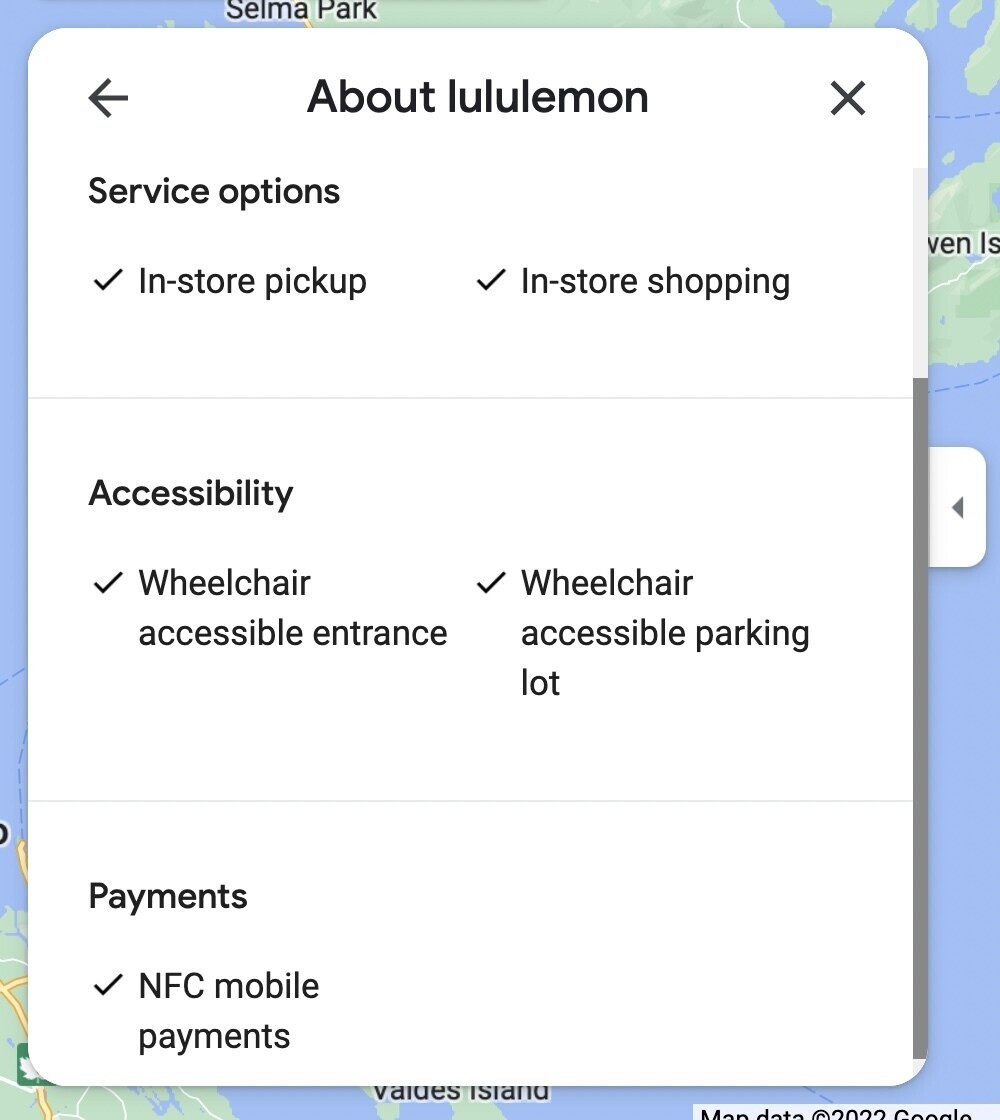Lululemon profile includes attributes like "In-store pickup," "In-store shopping," "Wheelchair accessible entrance," "Wheelchair accessible parking lot," and "NFC mobile payments"