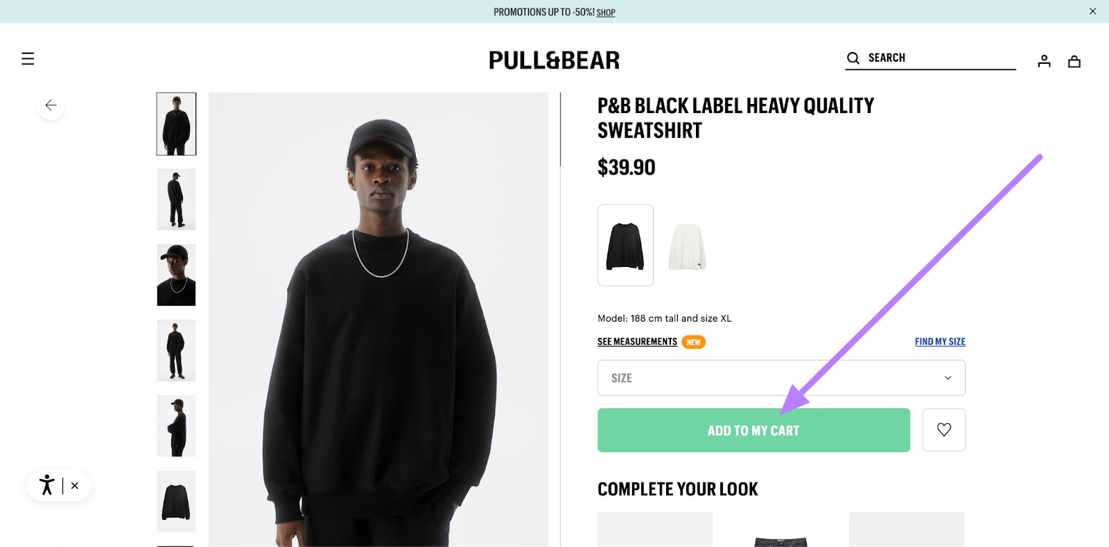 Pull&Bear's product landing page with "Add to my cart" CTA highlighted