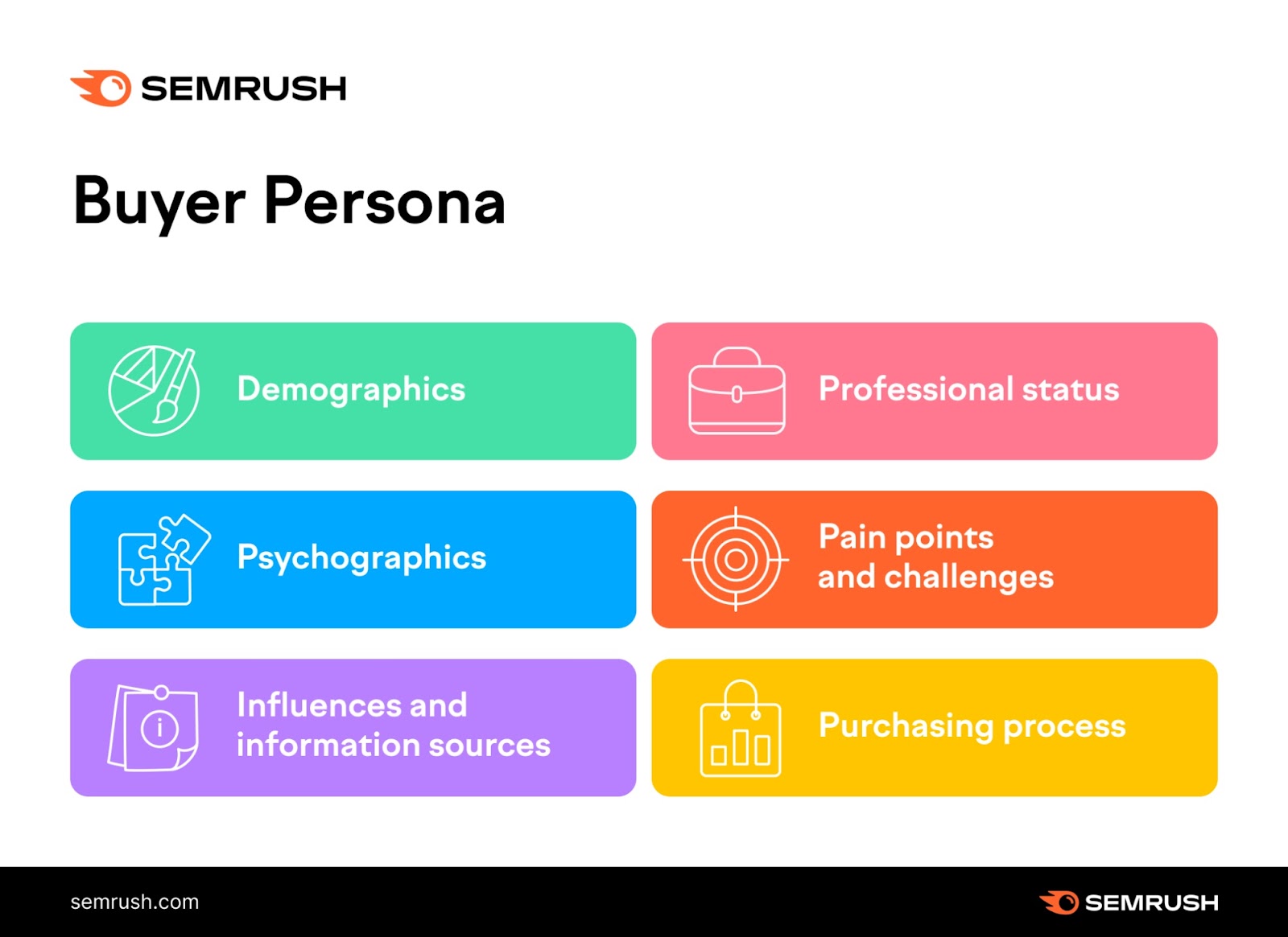 buyer persona includes demographics, psychographics, influences and info sources, nonrecreational  status, symptom  points and challenges, and purchasing process