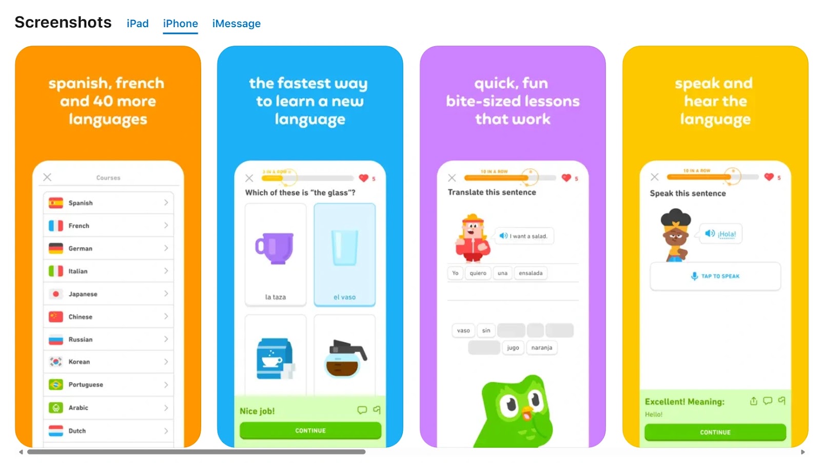 Duolingo's graphics showing to users how the app looks on iPhone
